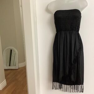Like New black fringe crossover strapless dress fits Sz LARGE 37/38 bust